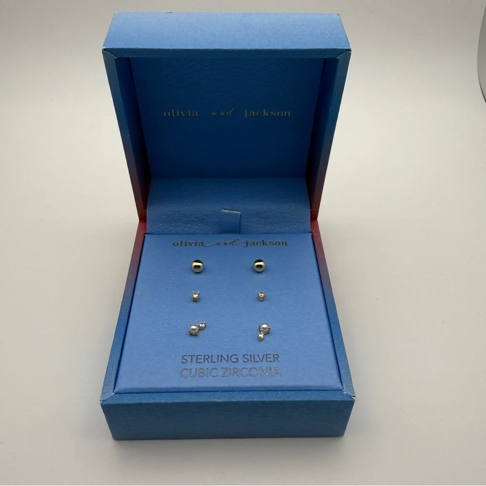 Olivia and Jackson Sterling Silver Cubic Zirconia 3-Pair Stud Earring Set w/ Box